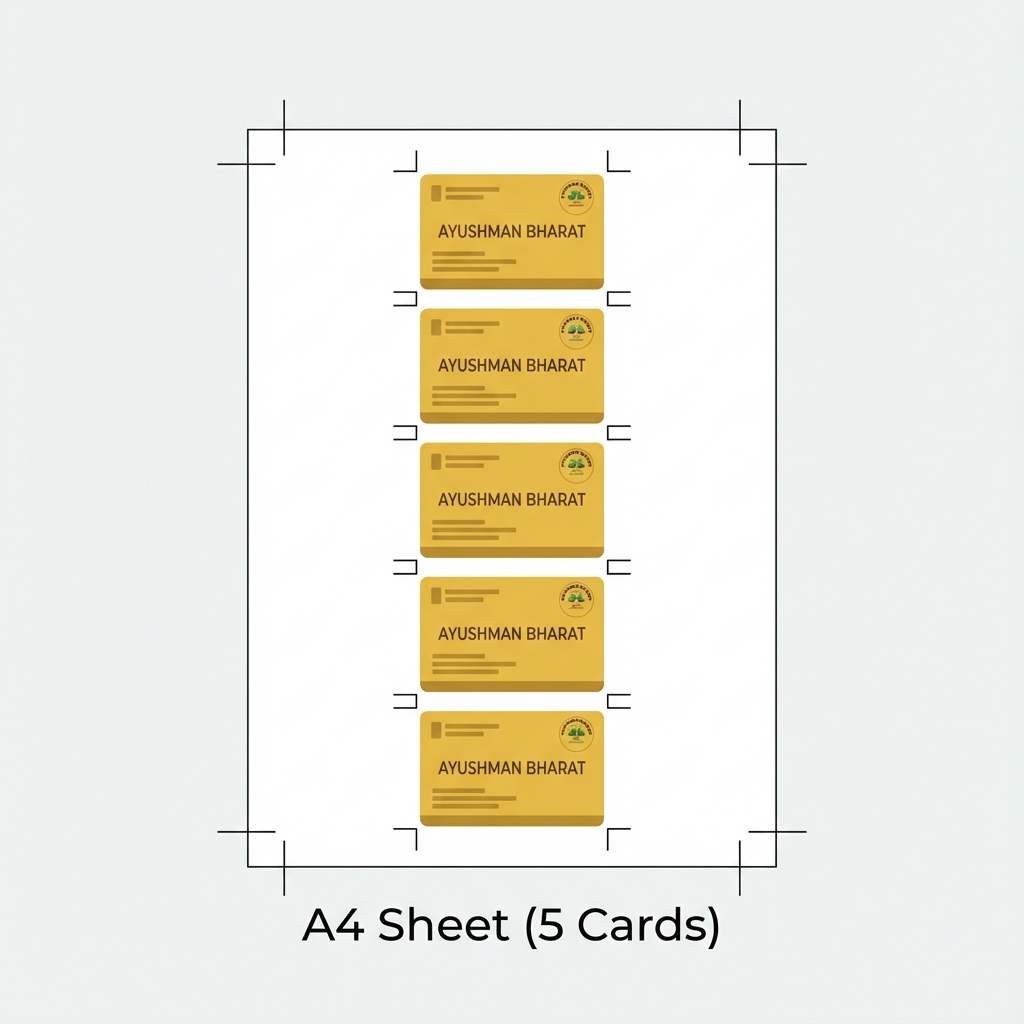 Ayushman Golden Card Batch Printing Layout showing 5 Cards on A4 Sheet vertically aligned