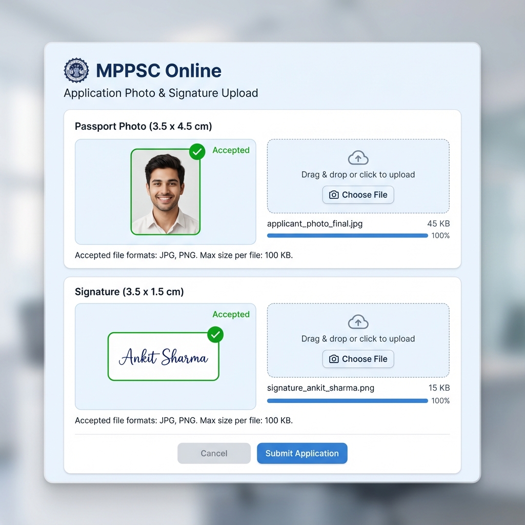MPPSC Online Application Form Screenshot 2026 - Accepted Photo Size 20KB to 100KB and Signature 10KB to 100KB