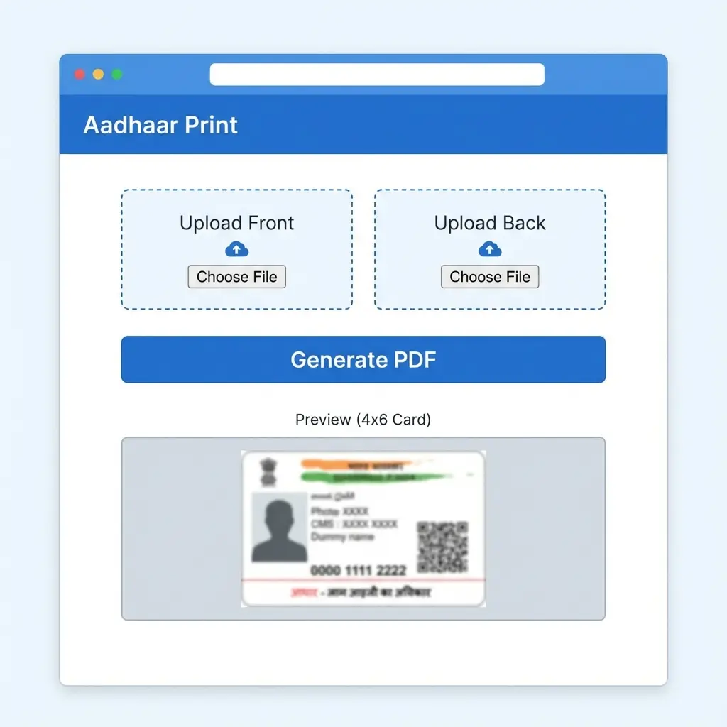 DocSet Aadhaar Print Tool Interface showing simple upload and 4x6 output generation