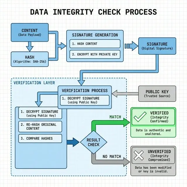 System architecture for verifying content integrity using signed hashes
