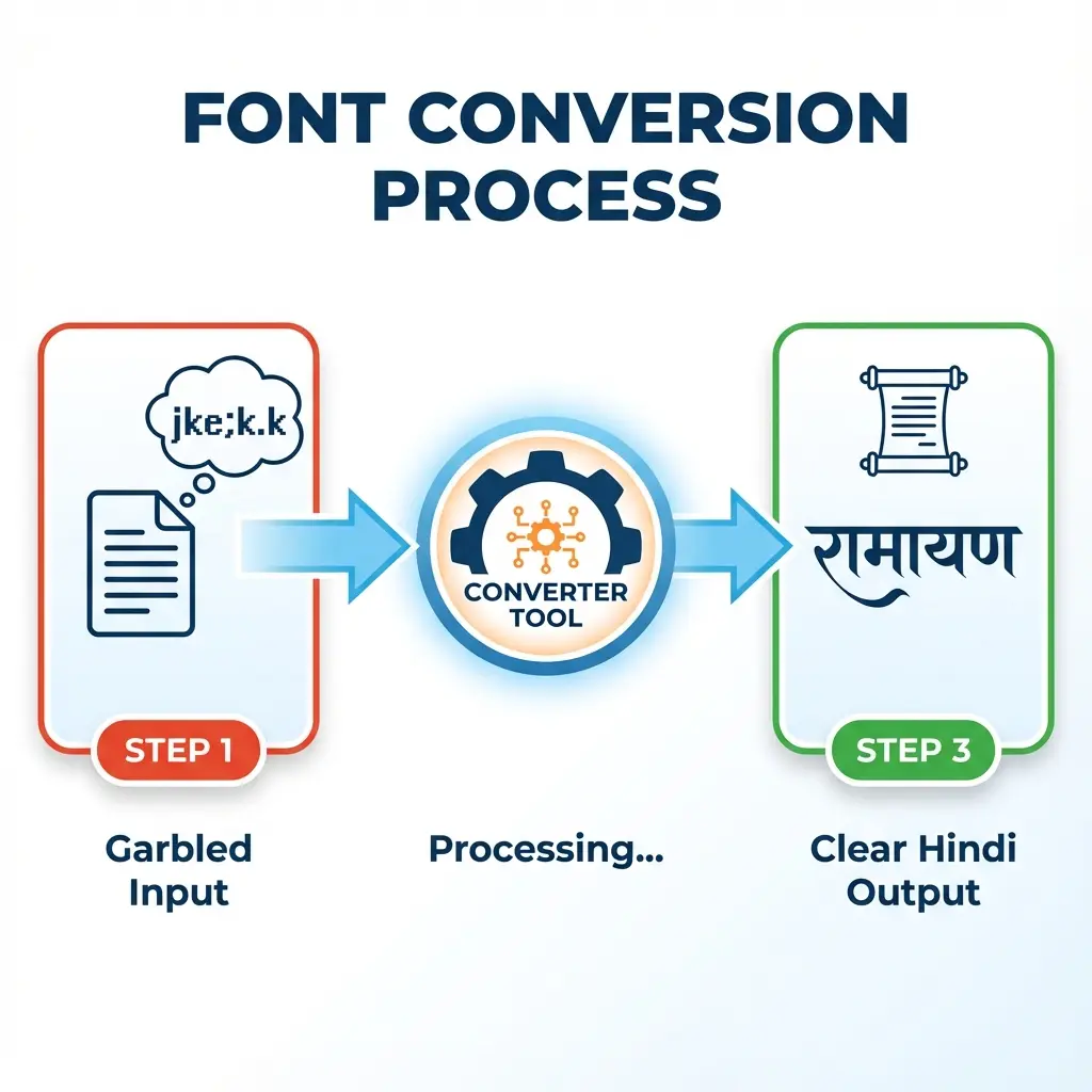 Process to convert Garbled Kruti Dev Text (jke;k.k) to Readable Hindi Unicode (रामायण)