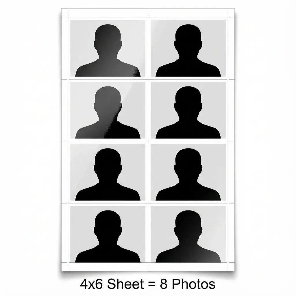 4x6 Inch Photo Sheet Layout Diagram showing 8 Passport Photos Grid