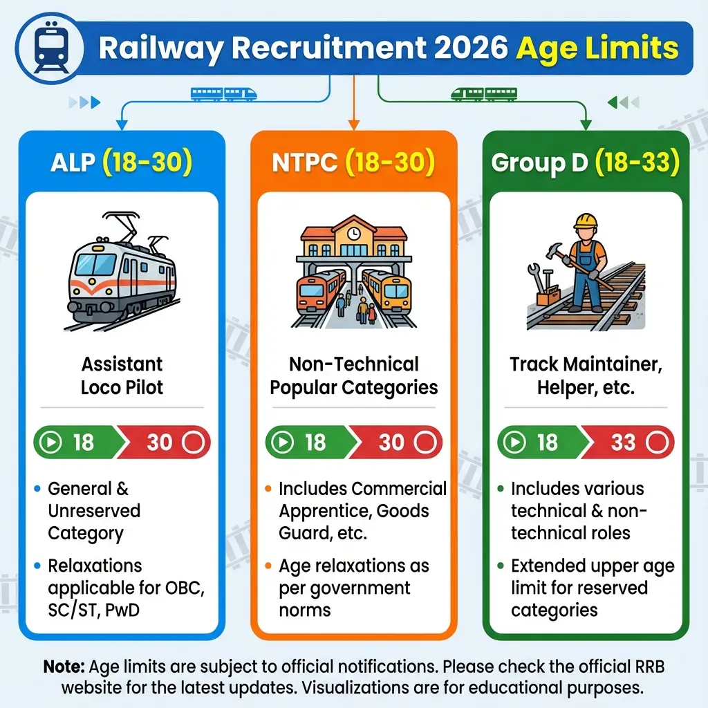 Railway Recruitment Age Limit Chart 2026 for ALP NTPC and Group D showing Categories