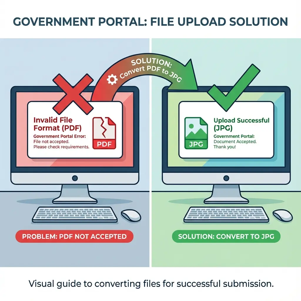 Rajasthan SSO Portal Invalid Format Error Fix Guide showing PDF to JPG Conversion