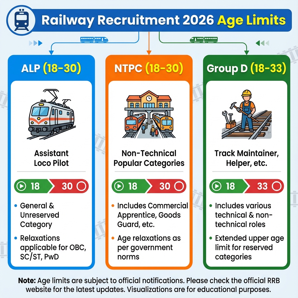 Railway Recruitment Age Limit Chart 2026 for ALP NTPC and Group D showing Categories