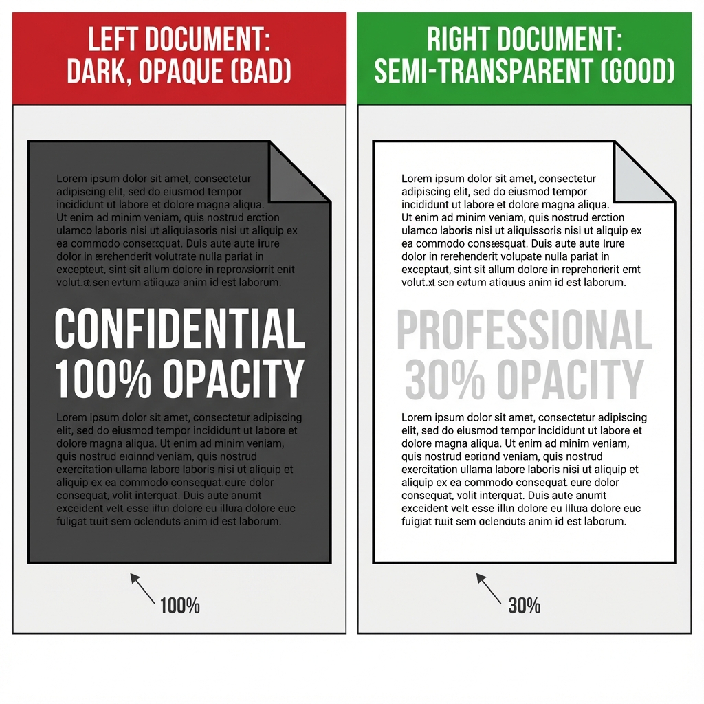 Comparison of 50% vs 100% Opacity Watermark on PDF showing text readability